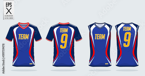 Blue-Red t-shirt sport design template for soccer jersey, football kit and tank top for basketball jersey. Sport uniform in front and back view. Tshirt mock up for sport club. Vector Illustration.