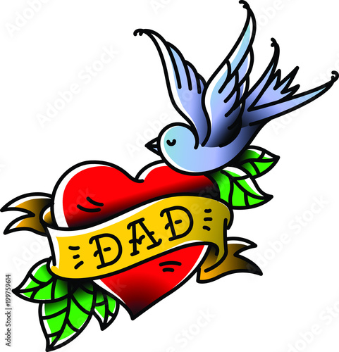 A tattoo with the inscription of Dad. Heart tattoo with a birdie. Tattoo in the style of the American old school. Vector flat tattoo. The illustration is isolated on a white background. Congratulation