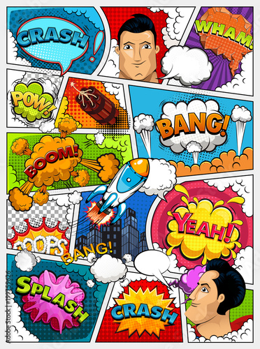 Comic book page layout. Comics template. Retro background mock-up. Divided by lines with speech bubbles, city, rocket, superhero and sounds effect. Vector illustration
