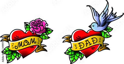 Tattoos with the inscription of Mom and Dad. Two hearts with a flower and a bird. Vector flat tattoo. Congratulation for parents with an anniversary. A tattoo for loving parents. Tattoos in the old st