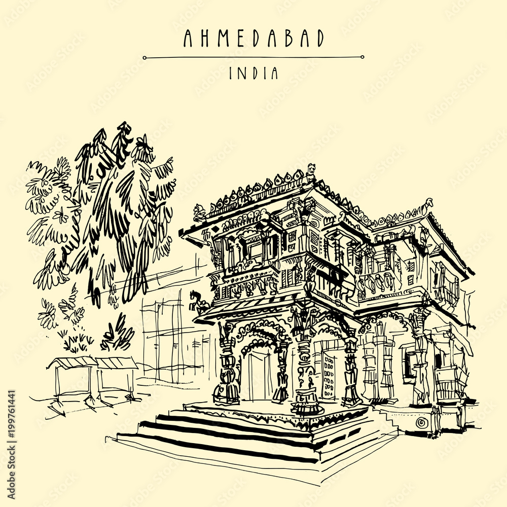 Jain temple in Ahmedabad, Gujarat, India. Travel vntage hand drawn postcard