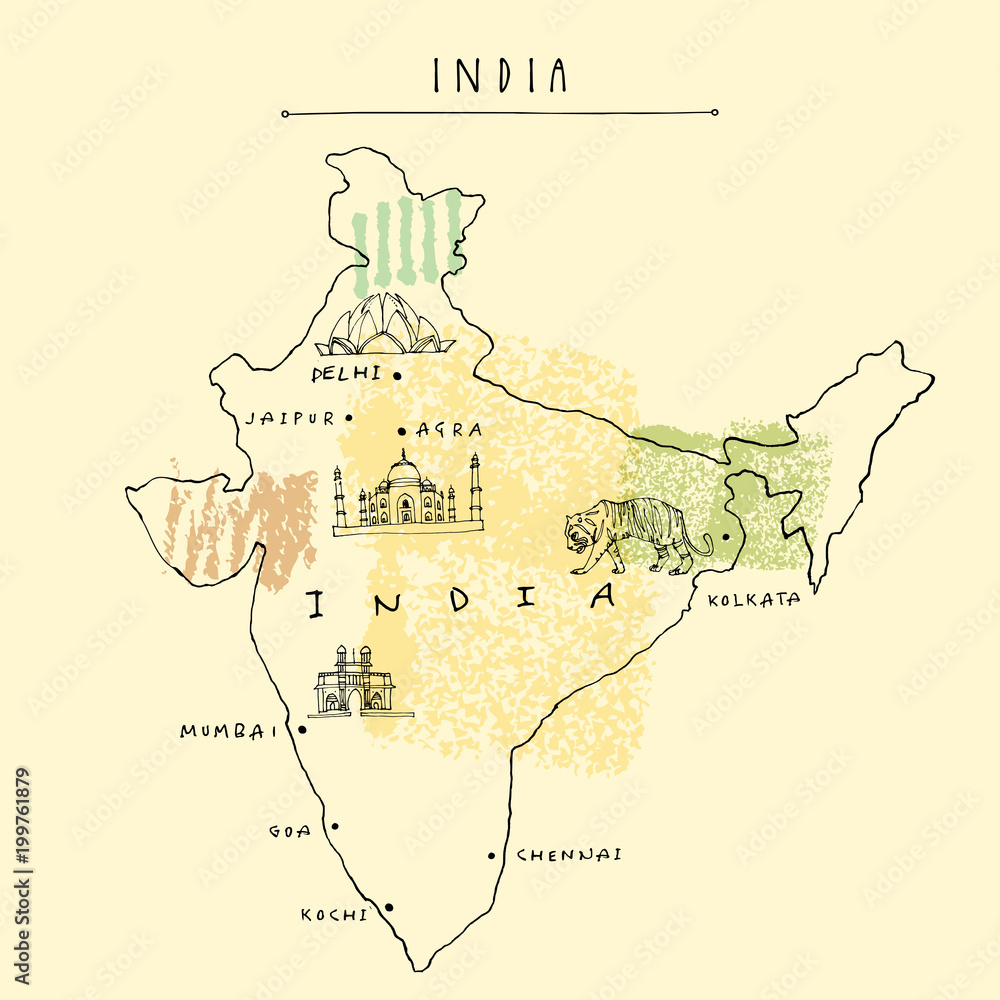 Obraz Mapa Indii. Archiwalne pocztówki wyciągnąć rękę