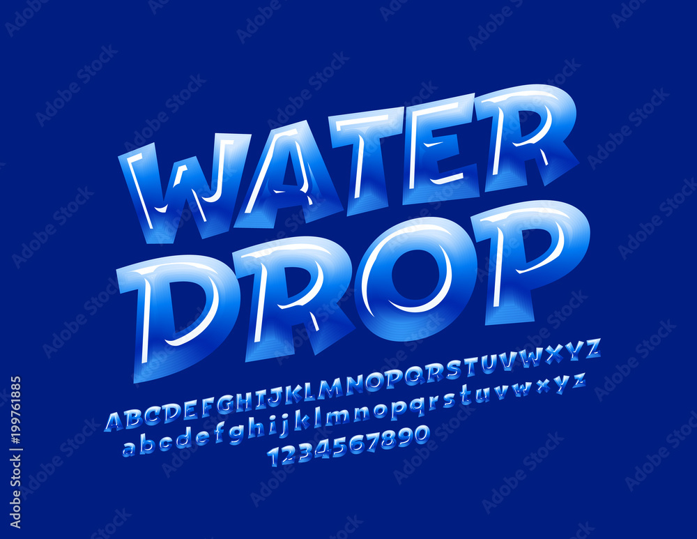 Obraz premium Vector Blue Sign Water Drop. Candy style Font. Glossy Alphabet Letters, Numbers and Symbols