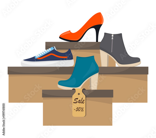 Shoe boxes with woman s footwear. Stylish modern sneakers, woman s high heel shoes on box, side view. The price tag with discount of 50 percent. Shoes sale in store. Vector flat illustration.