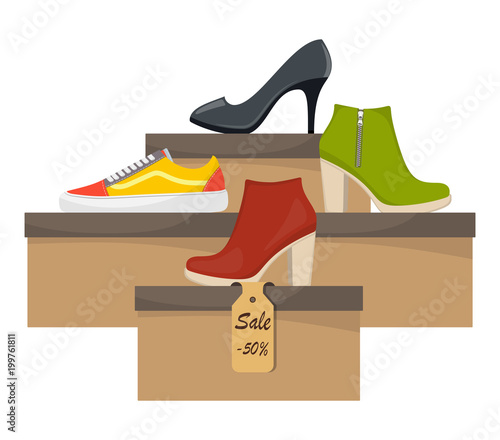 Shoe boxes with woman s footwear. Stylish modern sneakers, woman s high heel shoes on box, side view. The price tag with discount of 50 percent. Shoes sale in store. Vector flat illustration.