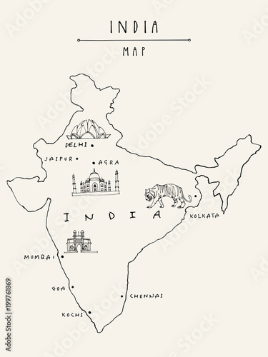 Obraz na płótnie Mapa Indii. Archiwalne strony wyciągnąć pocztówkę