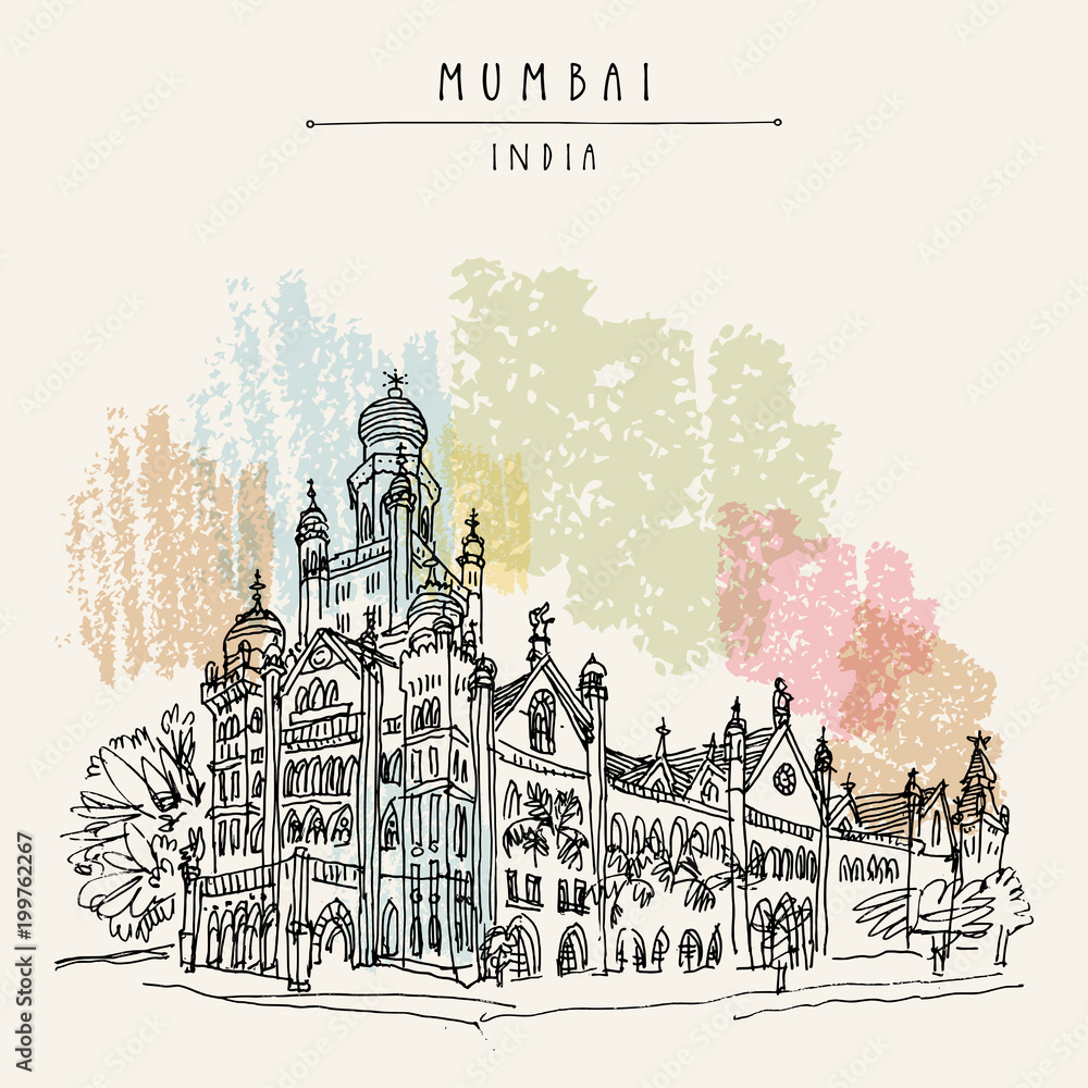 Beautiful old British colonial building in Mumbai (Bombay), India. Hand drawn postcard