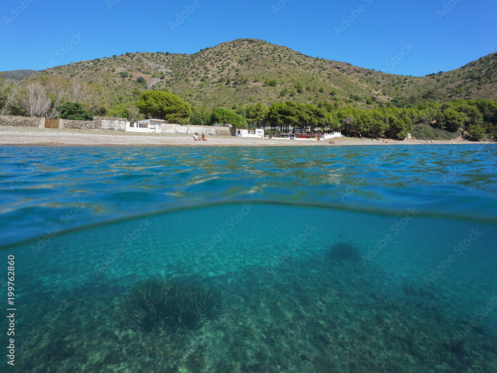 Spain coastline Cala Montjoi beach on the Costa Brava and tuft of neptune grass underwater, split view above and below water surface, Mediterranean sea, Cap de Creus, Catalonia
