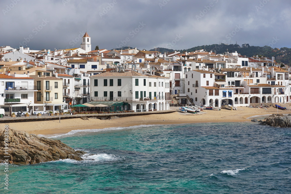 Spain the coastal village Calella de Palafrugell with its main sandy beach, Mediterranean sea, Costa Brava, Catalonia, Baix Emporda