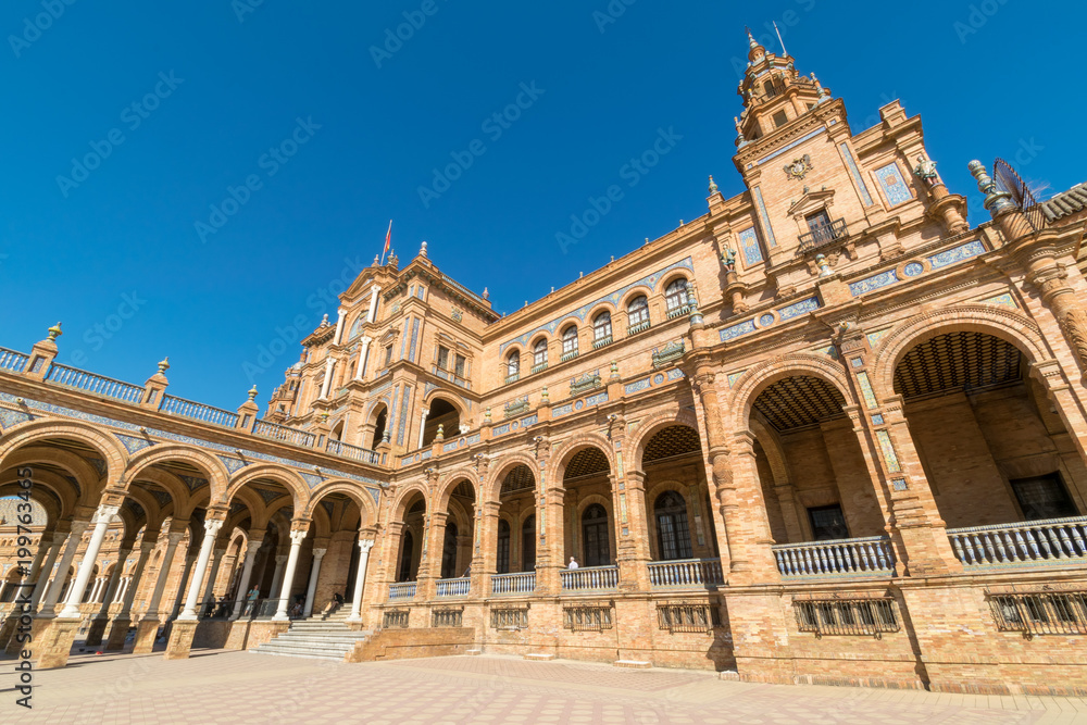 a close up of the main building at Plaza De Espana in Seville, Spain