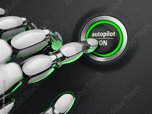 Robotic finger pressing a autopilot start button. Futuristic concept. 3D illustration. photo