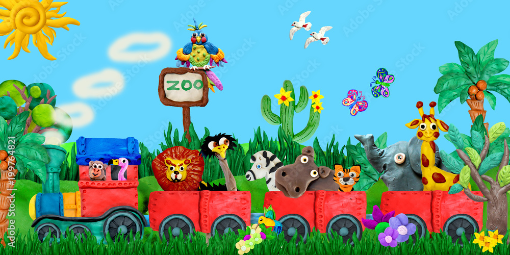 Naklejka premium Traveling Zoo animals 3D rendering children banner illustration