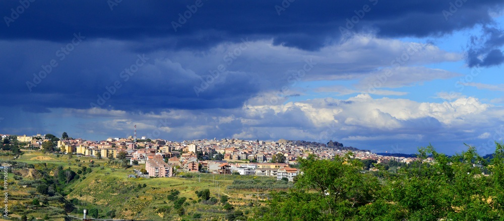 View of Mazzarino with Storm Coming, Caltanissetta, Sicily, Italy
