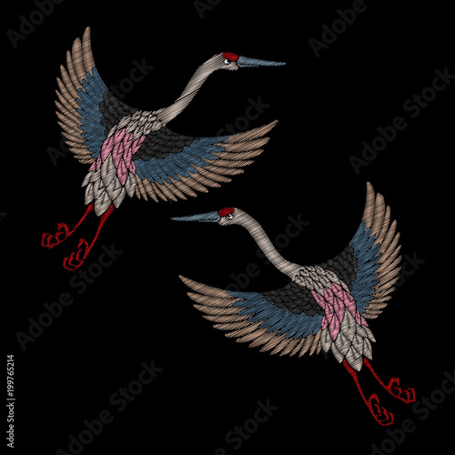 Vector illustration on the theme of Japan, Tokyo Clothes, textile design template, tattoo sketch. Image of traditioanl japanese bird. Cranes © helen_f