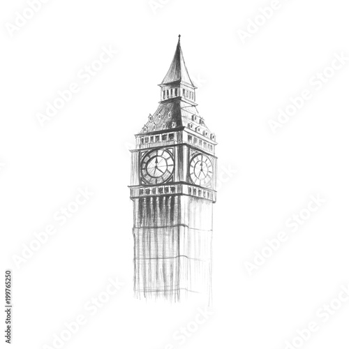 Big Ben painted with a pencil. Hand-drawn. Close up. Isolated on white background