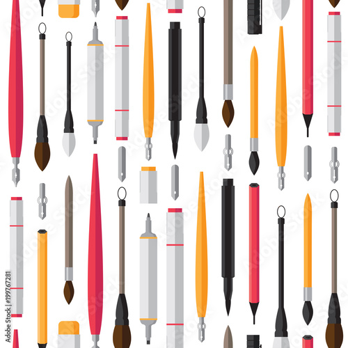 Seamless pattern with calligraphic brushes, nibs, pencils and markers on white background.