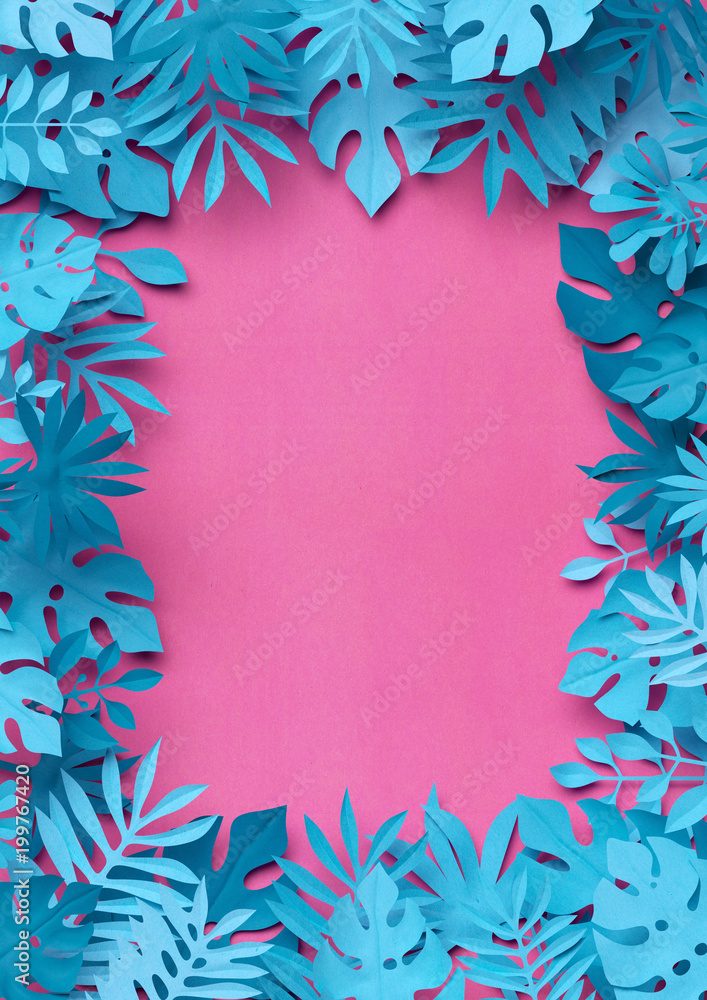 3d Render Neon Pink Blue Tropical Background Colorful Paper Leaves Jungle  Frame Blank Banner Space For Text Stock Photo - Download Image Now - iStock