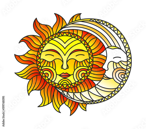 Illustration in stained glass style with fabulous sun and moon, isolated on white background