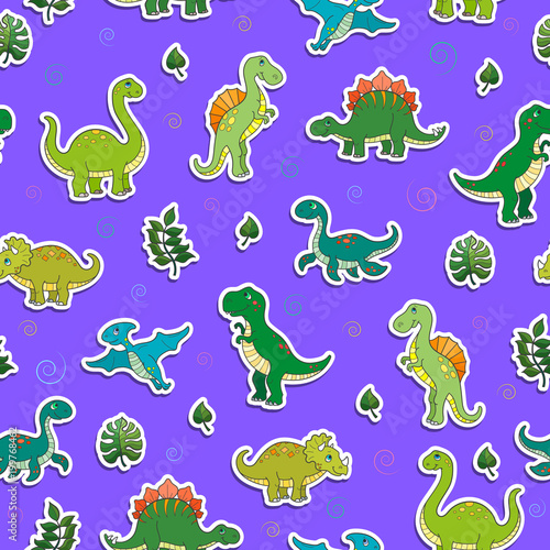Seamless pattern with colorful dinosaurs and leaves  sticker icons on purple background