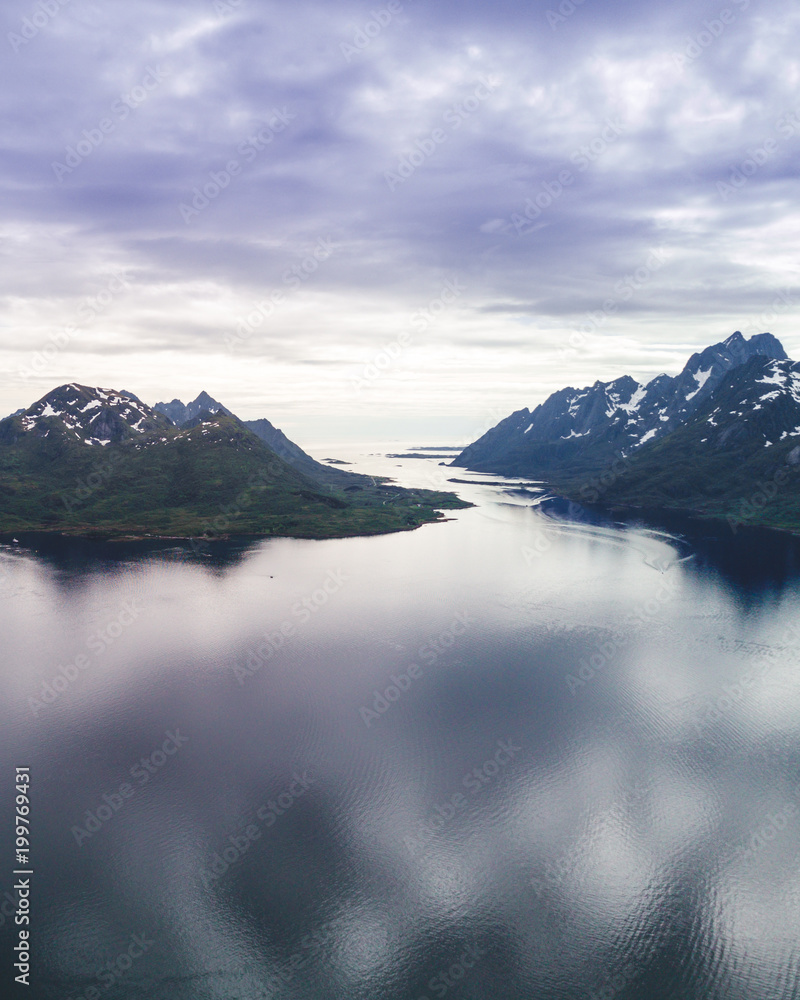 Aerial view mountain landscapes on the Norwegian Sea