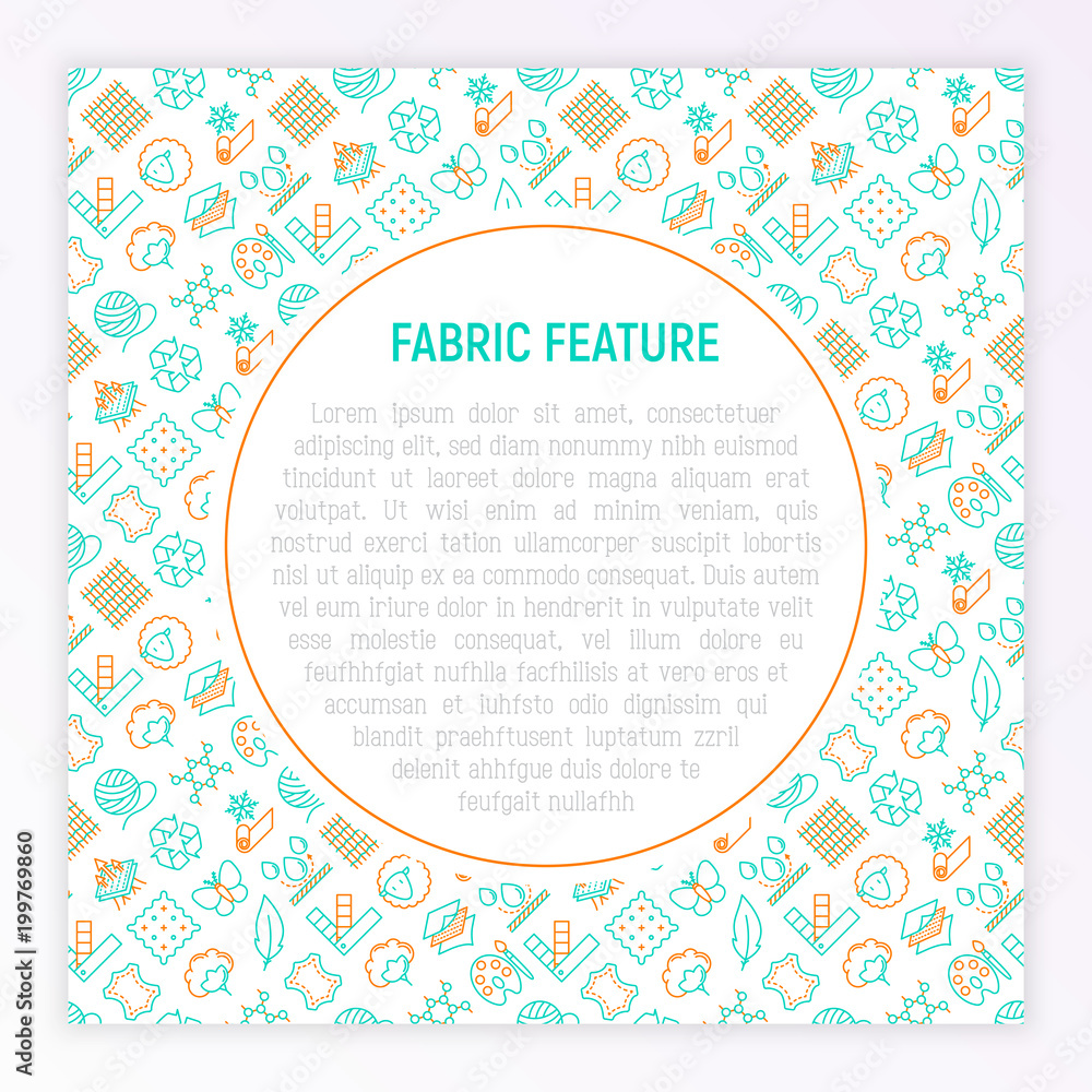 Fabric feature concept with thin line icons: leather, textile, cotton, wool, waterproof, acrylic, silk, eco-friendly material, breathable material. Modern vector illustration for banner, print media. Fabric feature concept with thin line icons: leather, textile, cotton, wool, waterproof, acrylic, silk, eco-friendly material, breathable material. Modern vector illustration for banner, print media.