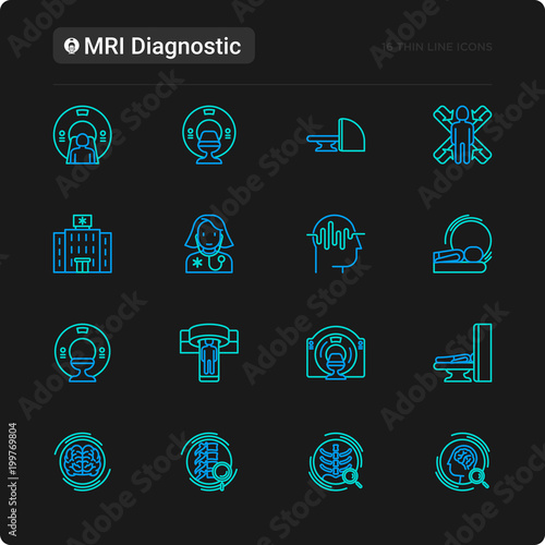 MRI diagnostics thin line icons set. Modern vector illustration of laboratory equipment for black theme.