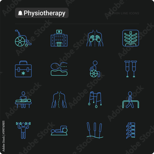 Physiotherapy thin line icons set: rehabilitation, physiotherapist, acupuncture, massage, go-carts, vertebrae; x-ray, trauma. Vector illustration for black theme.