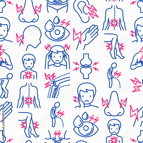 Body aches seamless pattern with thin line icons: migraine, toothache, pain in eyes, ear, nose, when urinating, chest pain, menstrual, joint, arthritis, rheumatism. Modern vector illustration.