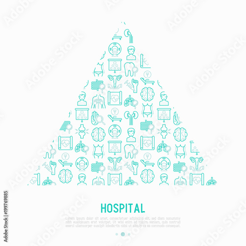 Hospital concept in triangle with thin line icons for doctor's notation: neurologist, gastroenterologist, manual therapy, ophtalmologist, cardiology, allergist, dermatologist. Vector illustration.