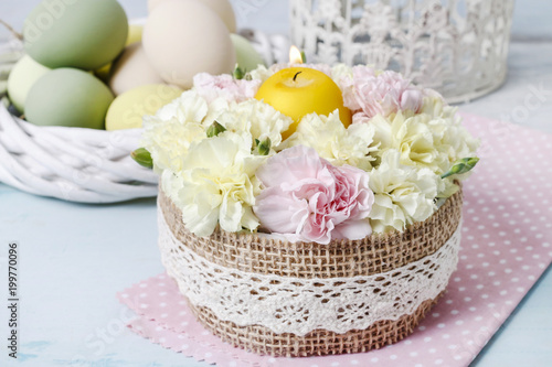 How to make easter floral arrangement with carnation flowers and candle, tutorial.