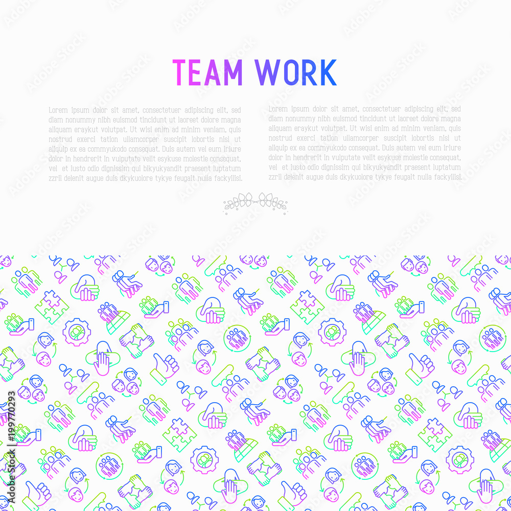 Teamwork concept with thin line icons: group of people, mutual assistance, meeting, handshake, tug-of-war, cooperation, puzzle, team spirit, cooperation. Modern vector illustration for print media.