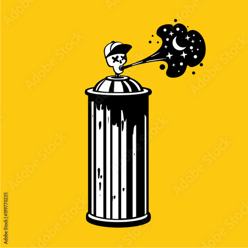 Graffity spray can with skull on cap. Contemporary underground art. Tattoo style vector emblem.