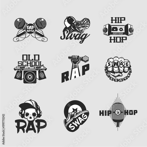 Hip-hop music signs set. Rap party collection of emblem. Old skull style.