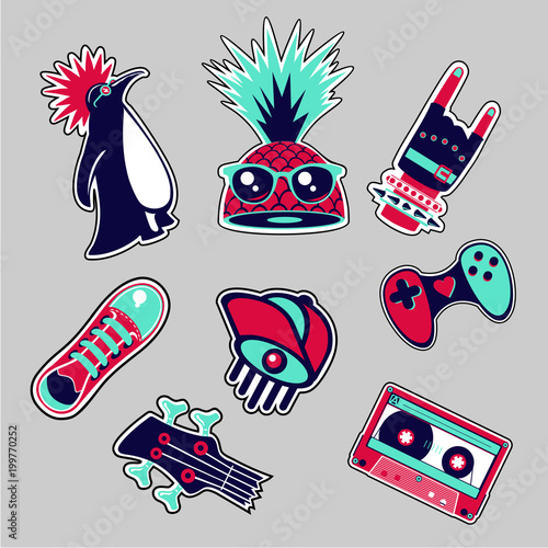 Fashion patches set. Bright bages collection. Youth style.