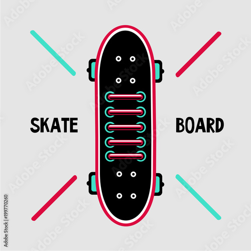 Skateboard deck with sneakers lace. Skaters shoes. Vintage amblem.