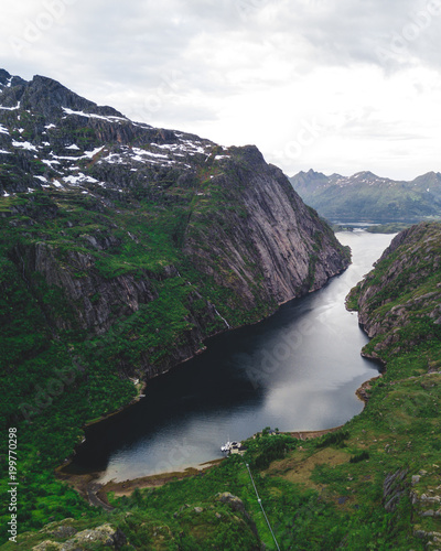 Mountain landscapes on the Norwegian Sea in Troll fjord. Aerial view