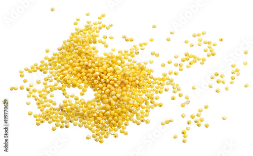 Konstfotografi Heap of millet isolated on white background. Top view