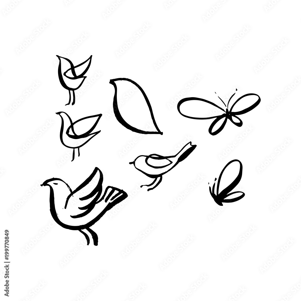 Hand sketched birds. Black cut silhouette on a white background. Hand drawn design elements. Vector illustration. Hand sketched birds. Black cut silhouette on a white background. Hand drawn design elements. Vector illustration.