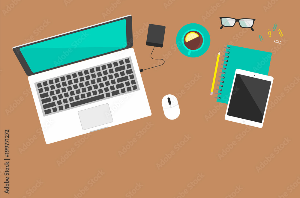 Office workplace on a brown background the top view Office workplace on a brown background the top view