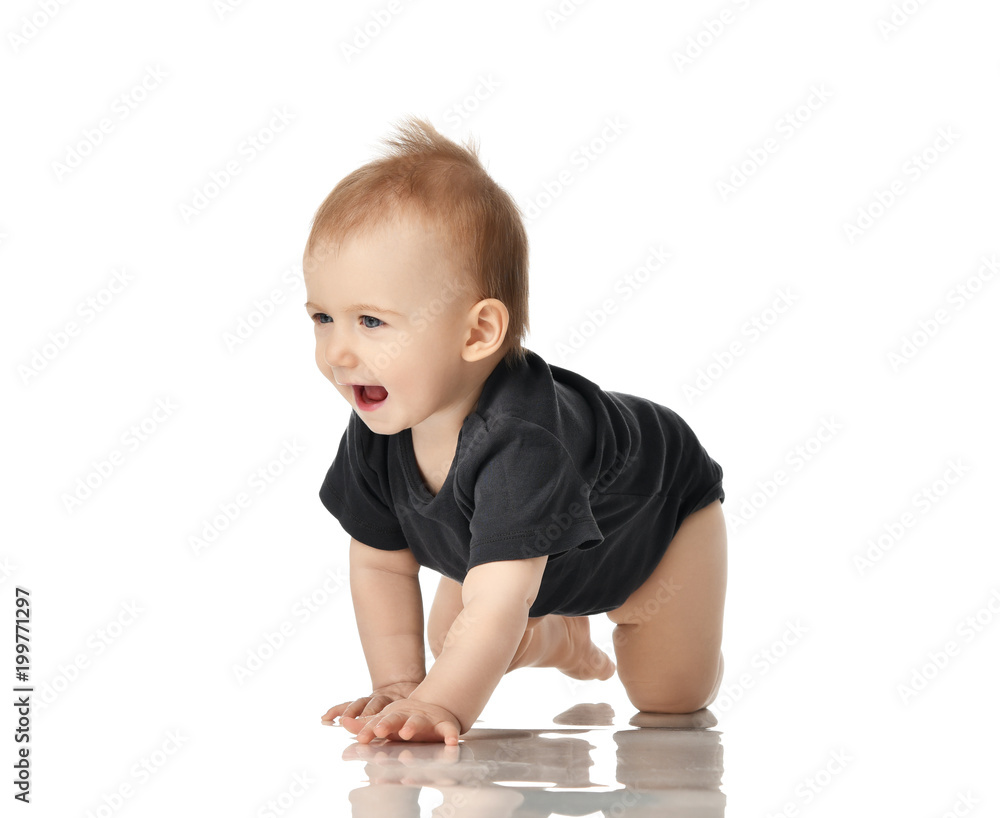 9 month infant child baby girl toddler crawling in dark grey shirt isolated 9 month infant child baby girl toddler crawling in dark grey shirt isolated