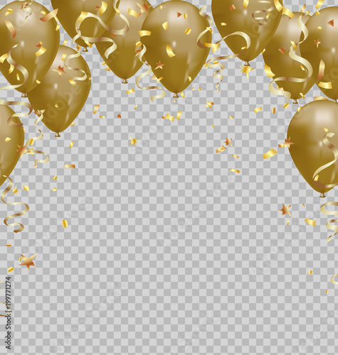 Balloons gold, confetti and streamers on transparent background photo