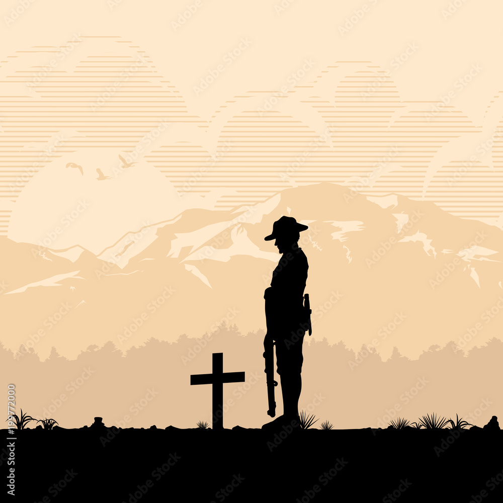 Silhouette of soldier paying respect at the grave, vector Stock Vector Adobe Stock