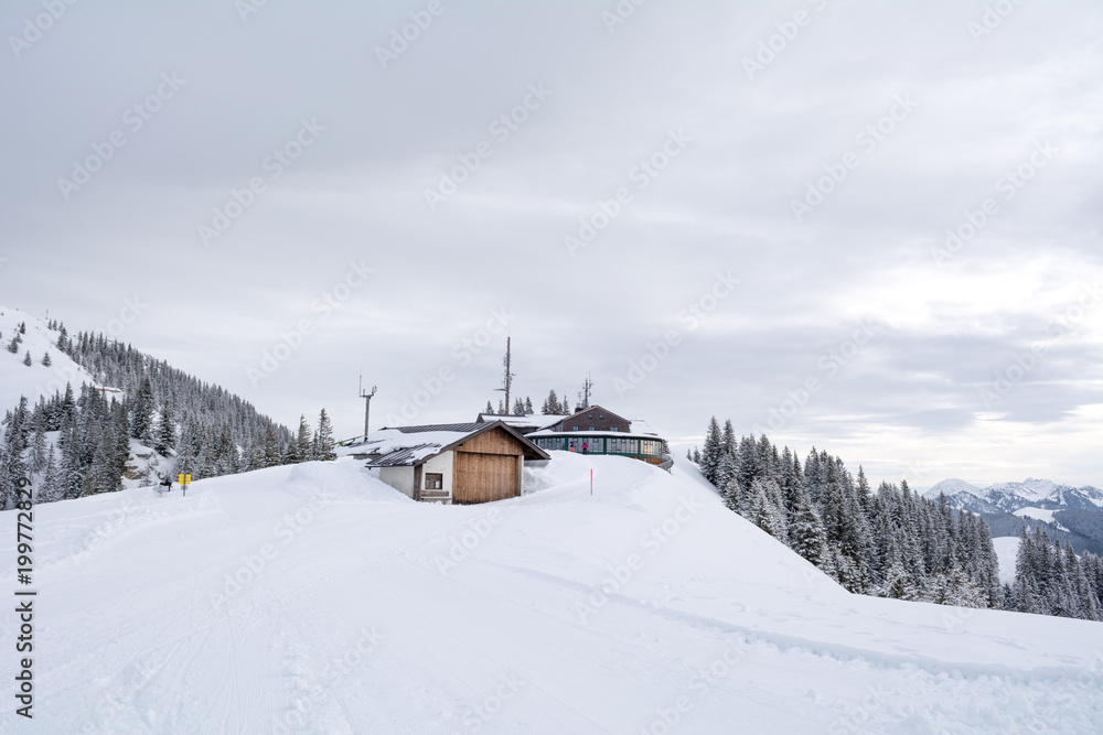 Cable railway station on the mountain top Wallberg covered with snow, Bavarian Alps, Bavaria, Germany
