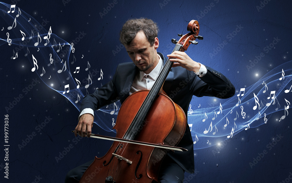 Fototapeta premium Lonely musical composer with cello and sparkling musical notes around