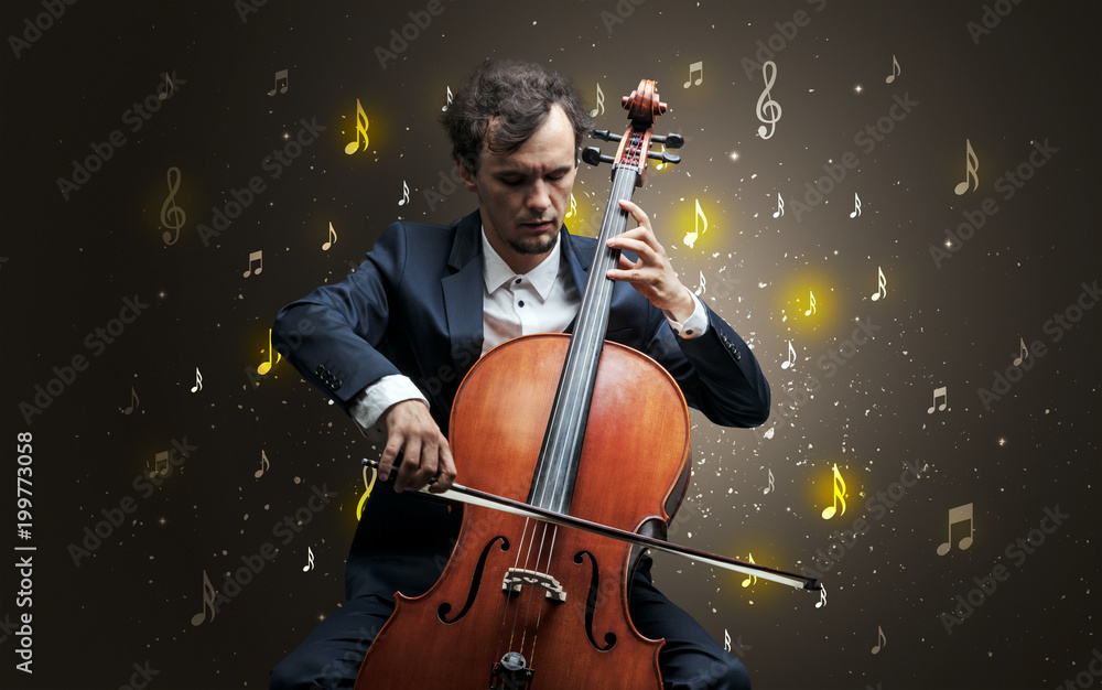 Young cellist with falling musical notes wallpaper and classical concept