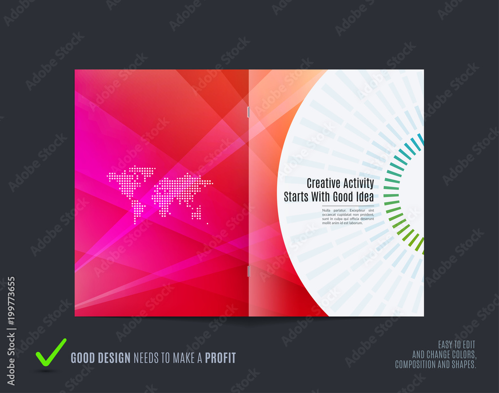 Fototapeta premium Abstract brochure design, modern catalog, centerfold cover, flyer in A4 with colourful rays
