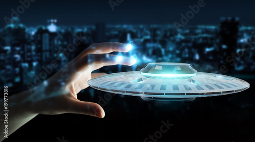 Fototapeta Naklejka Na Ścianę i Meble -  Businesswoman with retro UFO spaceship 3D rendering