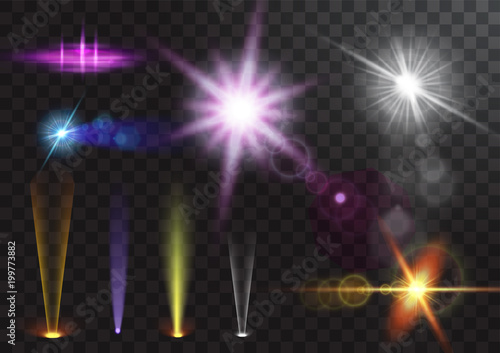 Vector light sources, concert lighting, stage spotlights set. Concert spotlight with beam, illuminated spotlights for web design illustration