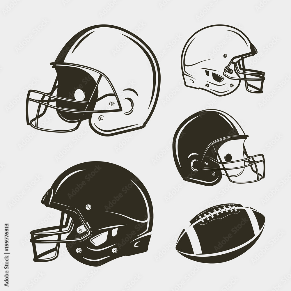 set of american football equipment and gear. helmets and ball. vector illustration set of american football equipment and gear. helmets and ball. vector illustration