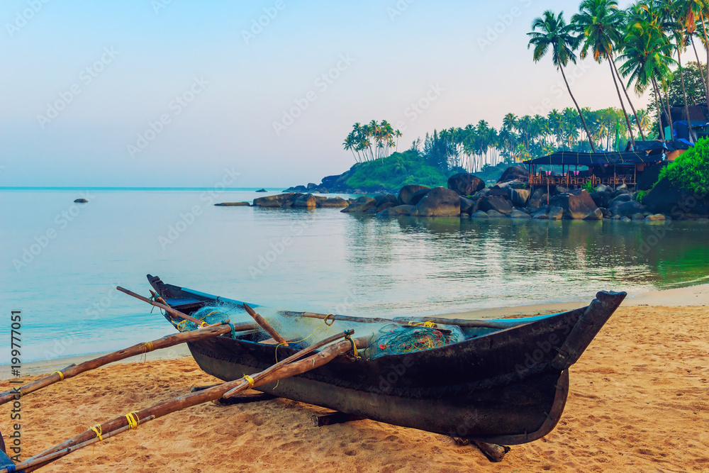 beautiful beach of Goa Palolem at dawn. Tinted. - obrazy, fototapety, plakaty 